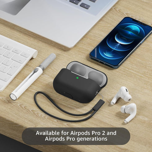 Compatible with Airpods Pro 2 Case, Soft Silicone Skin Cover Protective Cases with Cleaner kit and Lanyard Compatible for AirPod Pro 2nd Generation, Front LED Visible-Black
