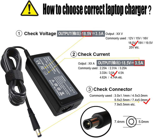 65W AC Adapter Charger 18.5V 3.5A Compatible with HP Pavilion G4 G6 G7 G32 G42 G56 G60 G61 G62 G71 G72 DV3 DV4 DV5 DV6