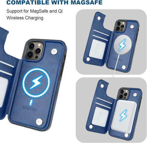 OT ONETOP 12/12 6.1 Inch ONETOP Compatible with Magsafe for iPhone Pro Wallet Case with Card Holder, PU Leather