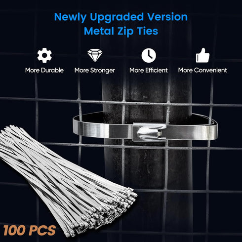 Metal Zip Ties,100 Pcs 11.8 Inch,304 Stainless Steel Zip Ties Multi-purpose Metal Cable Ties-Suitable for Outdoor Chain Link Fence and Exhaust Wrap Zip Ties