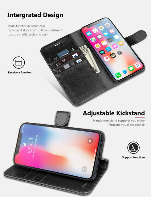OCASE Black Phone X Wallet Case - Leather Flip Wallet with Card Slot, Kickstand & Wireless Charging for Phone 10