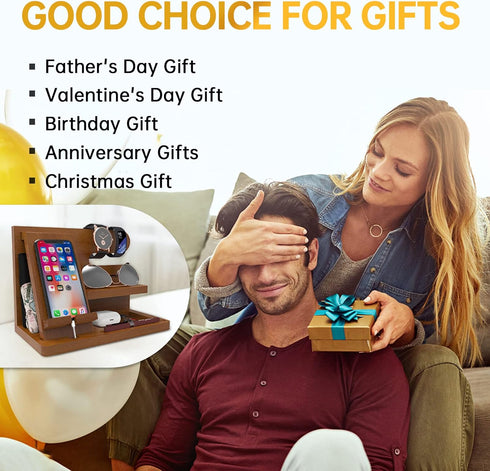 Birthday Gifts for Men, Wood Desk Organizer for Dad, Husband, Phone Docking Station, Nightstand Cool Gifts for Men