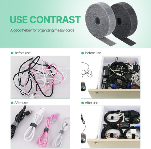 YUDANSI 2PC 16ft Hand Tear Self Adhesive Cable Straps, 0.6 inch Wide Free Cut Length Cord Organizer, Fastening Cable