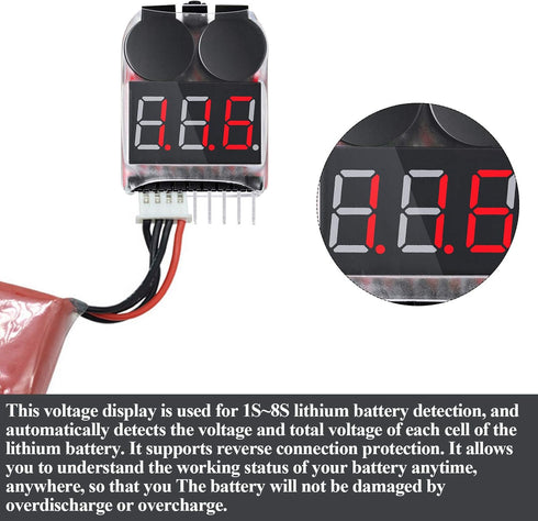 10 Pieces 2-in-1 Lipo Battery Voltage Tester Low Voltage Buzzer Alarm Battery Capacity Indicator Monitor for 1-8s Battery by Weewooday
