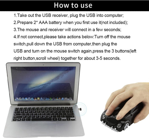 2.4GHz Wireless Mouse, Cool Sports Car Shaped, 1200DPI Less Noise Portable USB Cordless Mouse for PC Laptop