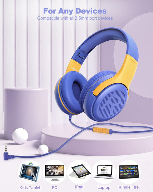 Kids Headphones Wired with Microphone for iPad, Computer, Laptop, Volume Limit, Foldable Over Ear Headset for School,
