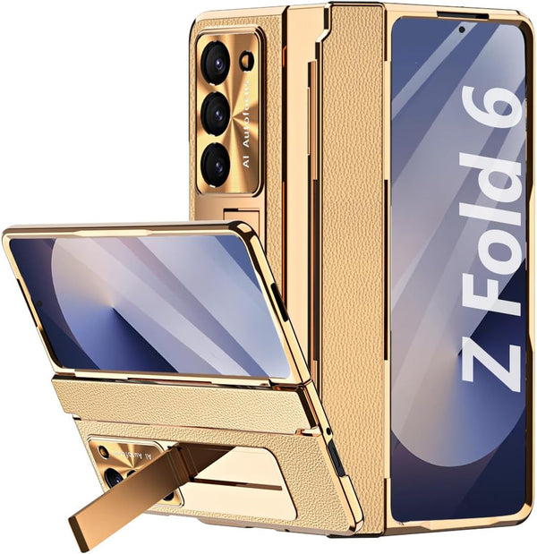 Galaxy Z Fold 6 Case with Screen Protector, Rugged Hinge Protection, Camera Lens Cover - PU Leather Protective Phone
