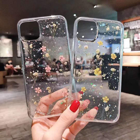 YTanazing Flower Case for iPhone 12 Pro Max, Cute Real Flower Glitter Floral Design, Slim Shockproof TPU Cover