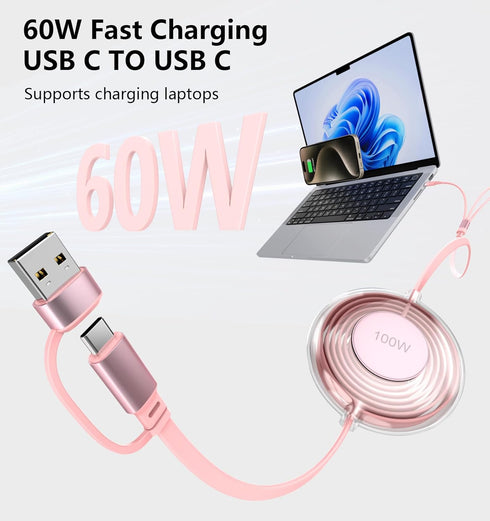 Multi Charging Cable Retractable, Pink 5in1 USB A/C to USB C/Lightning/Micro USB Fast Charging Cord