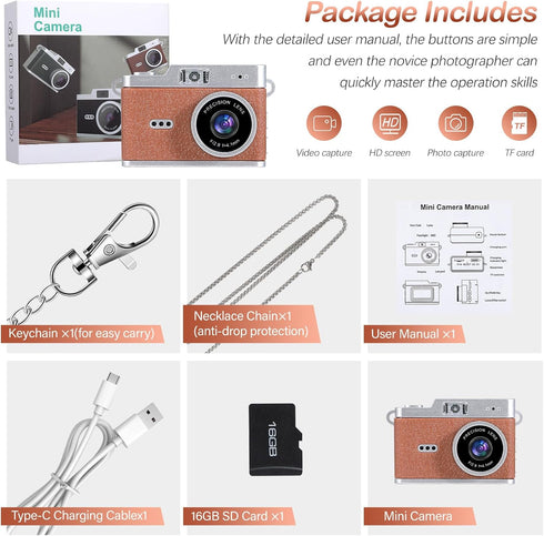 Brynnl 1080P 0.96" Mini Retro Keychain Digital Camera, Ultra-Compact Tiny Camera with Video, Display, Long Battery