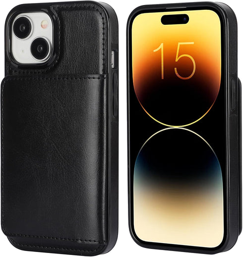 KIHUWEY iPhone 15 Wallet Case, Credit Card Holder, Premium Leather Kickstand, Shockproof Cover (Black)