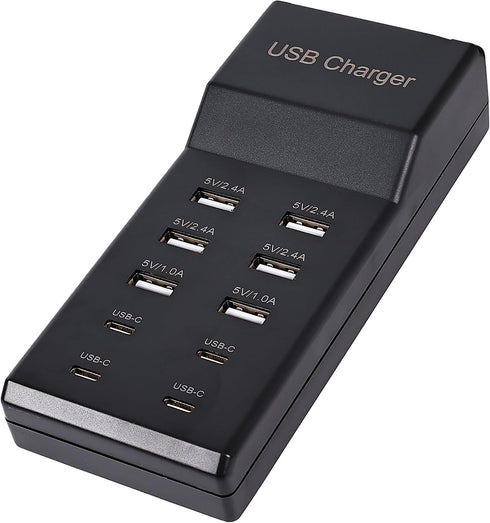 USB Charger - 50W 10-Port Charging Station with 6 USB-A and 4 USB-C Ports for iPhone, Watch, Tablets, Smartphones, Black