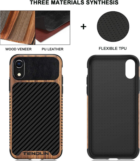 TENDLIN Compatible iPhone XR Case, Wood Grain with Carbon Fiber Texture Design, Black Leather Hybrid Slim Case