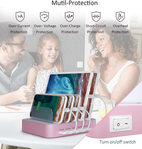 USB Charging Station Dock, 5 Port with 7 Short Mixed Cables, Designed for iPhone, iPad, Cell Phones, Light Pink