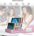 USB Charging Station Dock, 5 Port with 7 Short Mixed Cables, Designed for iPhone, iPad, Cell Phones, Light Pink