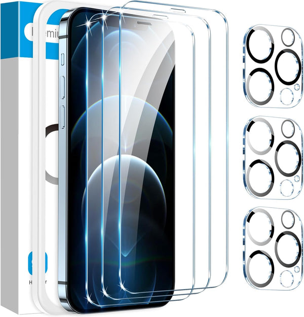 Fotbor iPhone 12 Pro Max Screen Protector & Camera Lens Protector, 3+3 Pack, HD Clear, Tempered Glass, Easy Install,