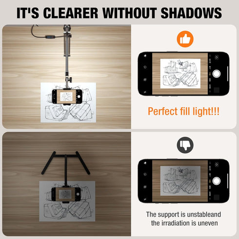 Overhead Phone Mount, Articulating Arm Cell Phone Holder with USB LED Light for Live Streaming, Video Recording