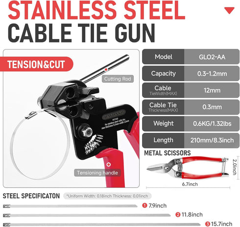 Stainless Steel Cable Tie Gun Set with 150PCS Ties, Special Tool for Fastening and Cutting Metal Cable Ties