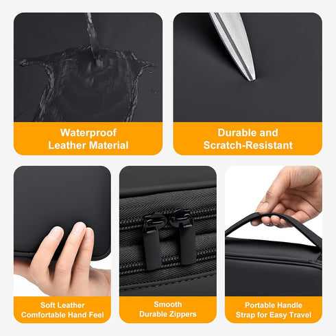 Large Capacity Electronics Accessories Organizer Travel Case, Waterproof Leather Cord Organizer with Adjustable