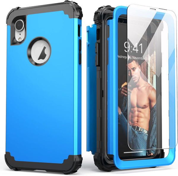 IDweel for iPhone XR Case with Tempered Glass Screen Protector, 3 in 1 Shockproof Slim Hybrid Heavy Duty Case, Sky Blue