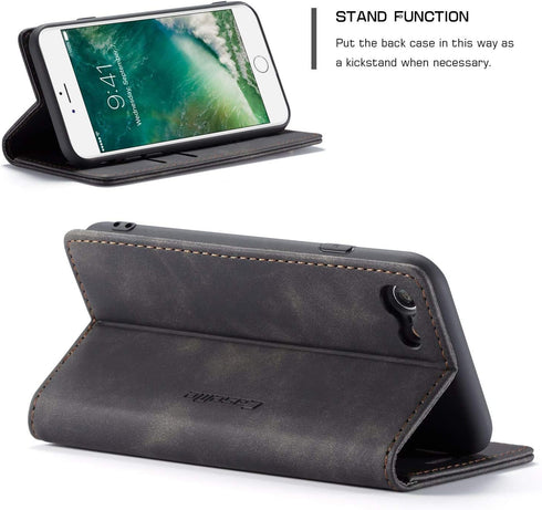 SINIANL Leather Folio Case for iPhone 7/8, Kickstand Credit Card Holder with Magnetic Closure, Black