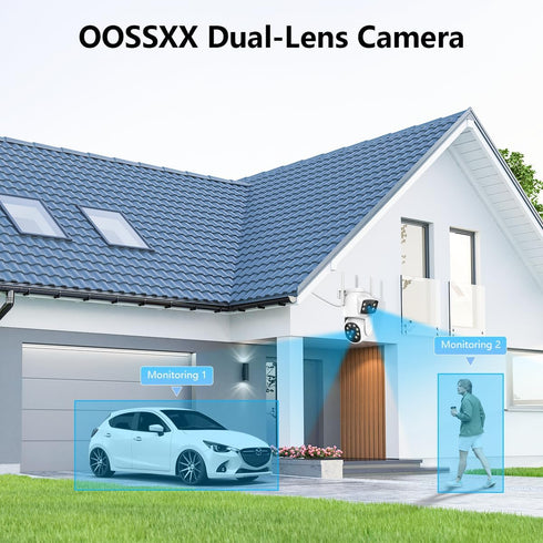 OOSSXX Dual Lens Security Cameras Outdoor System, Wireless WiFi PTZ Camera, 2-Way Audio, Color Night Vision
