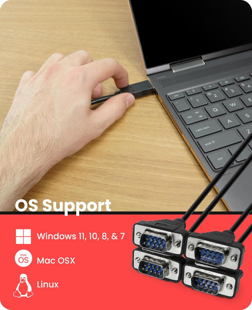 Gearmo 4 Port USB to Serial RS232 Adapter, FTDI Chipset, Supports Win 11, 10, 8, 7
