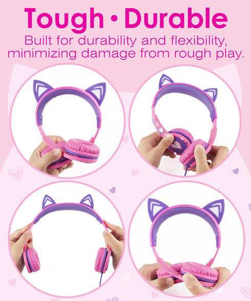 FosPower Kids Headphones with LED Cat Ears, 85 dB Safe Volume, Tangle-Free Cables, Hot Pink/Purple for School/Travel.