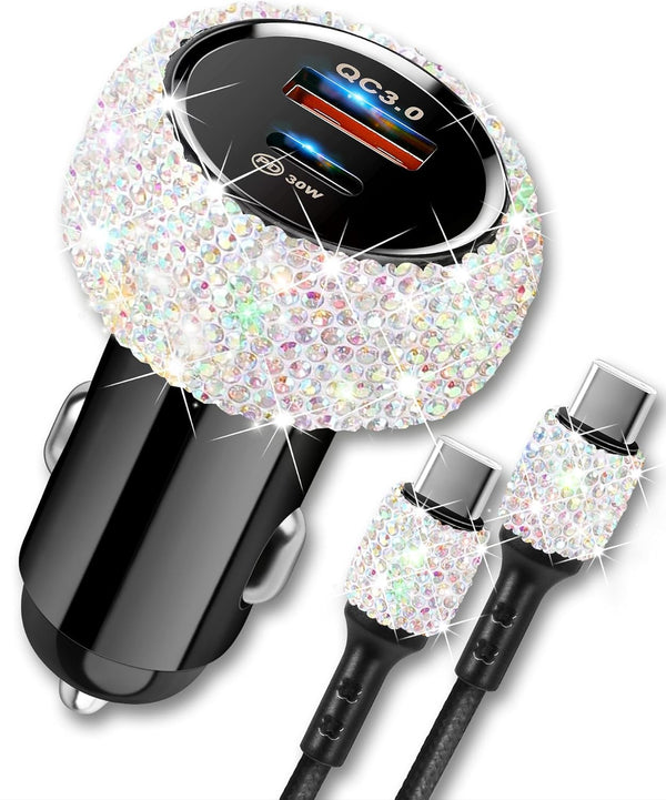 Bling USB C Car Charger, 48W PD + QC Dual Port Fast Charging Adapter with 3.2FT Cable