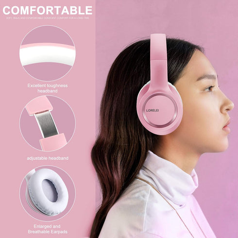LORELEI X8 Over-Ear Wired Headphones with Microphone with 1.45m-Tangle-Free Nylon Line&3.5mm Plug,Lightweight Foldable & Portable Headphones for Smartphone,Tablet,Computer,Mp3/4(Pearl Pink)