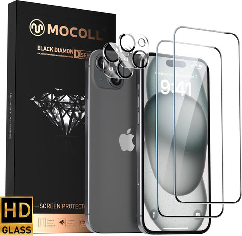 MOCOLL iPhone 15 Plus Screen Protector & Camera Lens Protector, 6.7" Tempered Glass, Edge to Edge, Anti-Scratch (2+2
