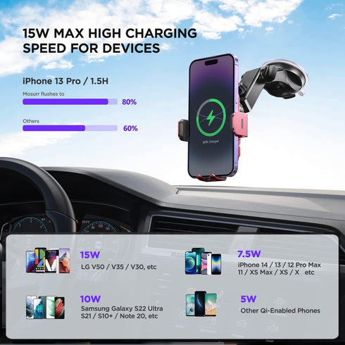 Wireless Car Charger, 15W Auto Clamping Phone Mount with 7 Colored RGB Backlit for iPhone 15 14 13 12 Mini Pro Max