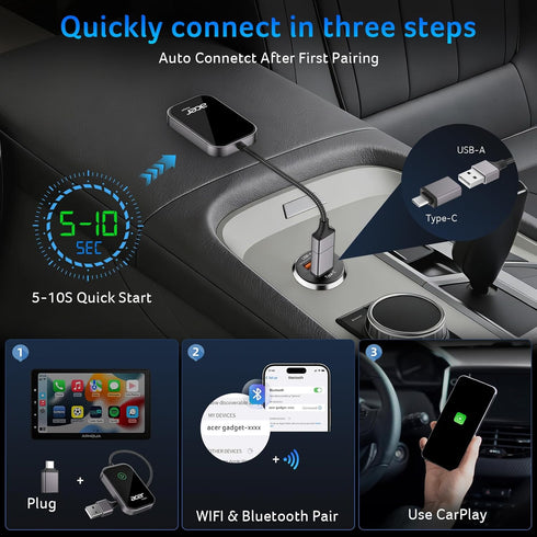 Acer Seamless Gadget CarPlay Wireless Adapter for Apple iPhone Wireless Apple CarPlay Wireless Adapter Upgrade Wired