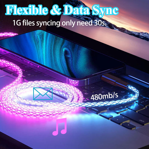 66W 3 in 1 LED Light Up Charging Cable, RGB Flowing Fast Charging Cord for iPhone, Samsung Galaxy, Huawei (4FT)