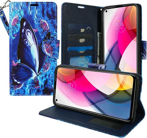 Zase Moto G Stylus 5G Wallet Phone Case for Women, PU Leather Flip Folio Cover with Kickstand, ID Card Slot (Blue