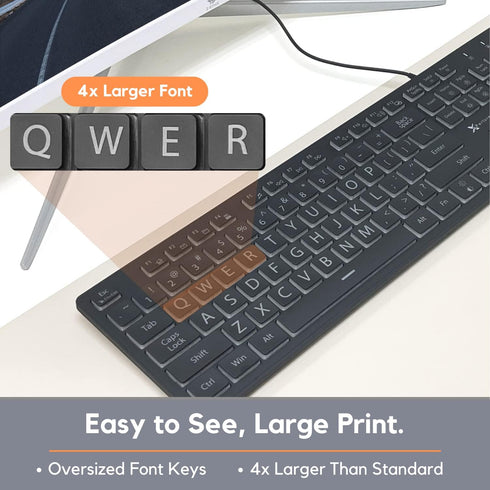 X9 Performance Large Print Lighted Keyboard and Mouse Combo, USB Wired Backlit Keyboard for Elderly, Low Vision Users