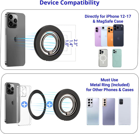 HISSIMO 2-Way 17-12 Dual-Sided Magnetic Phone Mount for MagSafe, Ultra-Slim Metal Ring Holder Grip with Kickstand