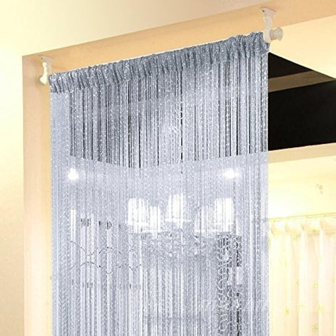 1x2 M Door String Curtain | Rare Flat Silver Ribbon Thread Fringe Window Panel | Room Divider for Wedding Coffee House