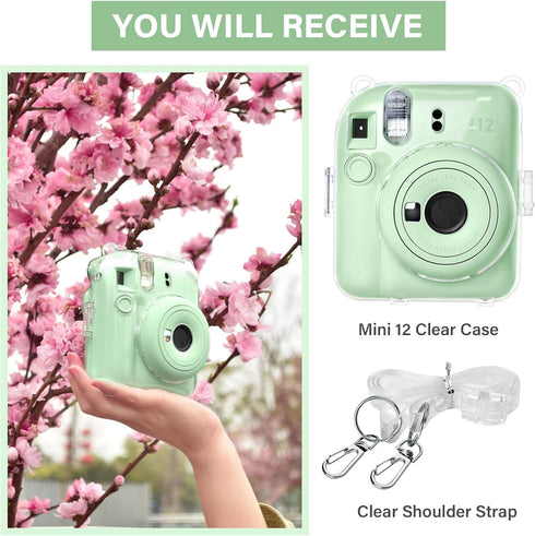 Rieibi Clear Case for Fuji Instax Mini 12, Hard Carrying Bag with Photo Storage Pocket & Shoulder Strap