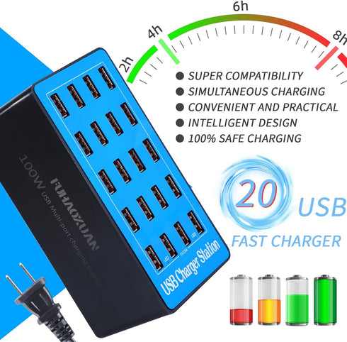 FUHAOXUAN Station,100W 20-Port USB Charging Multi Device Charger with Intelligent Safety Features,Charging Station