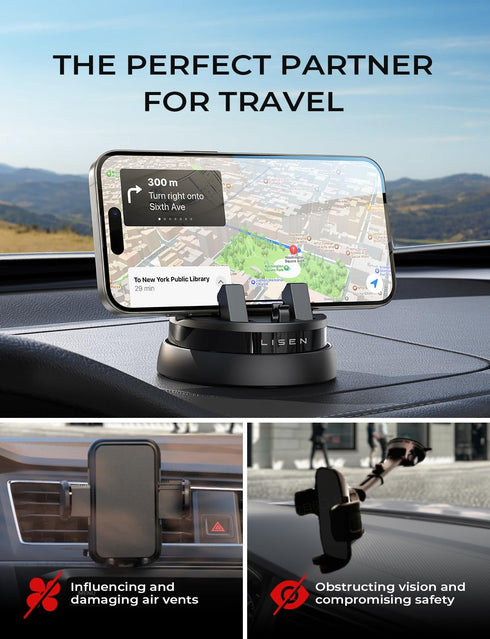 LISEN Car Phone Holder (Updated), 360° Rotatable Dashboard Cell Phone Holder, Non-Slip Mount for iPhone 15 Pro