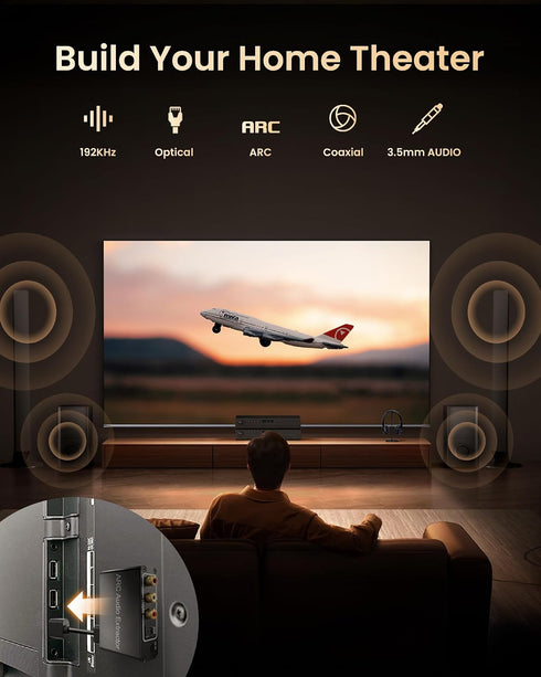 4K@60Hz, 192KHz 3.5mm HDMI ARC Audio Extractor HDMI ARC Audio Adapter Converter Splitter to Optical TOSLINK SPDIF + RCA