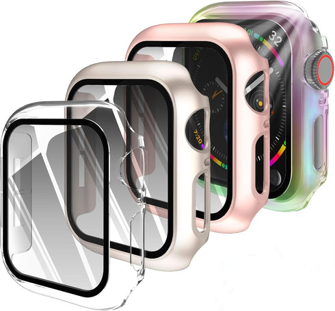 4 Pcs Hard PC Case Compatible with Apple Watch Series 6/5/4/SE 44mm, Anti-Peeping Glass Screen Protector, All Around