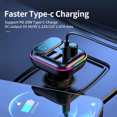 Bluetooth Adapter for Car, Wireless FM Radio Transmitter, Bluetooth 5.0, QC3.0 + PD 20W USB Charger