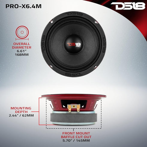 DS18 PRO-X6.4M Loudspeaker - 6.5", Midrange, Red Aluminum Bullet, 500W Max, Premium Quality Audio Door Speaker
