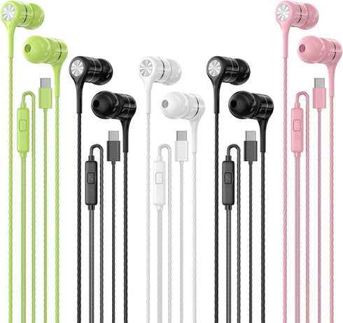USB C Earbuds with Microphone 5 Pack, Wired Headphones, Noise Isolating, Heavy Bass Stereo for USB-C Devices