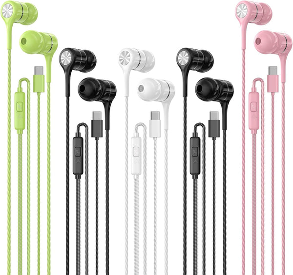 USB C Earbuds with Microphone 5 Pack, Wired Headphones, Noise Isolating, Heavy Bass Stereo for USB-C Devices