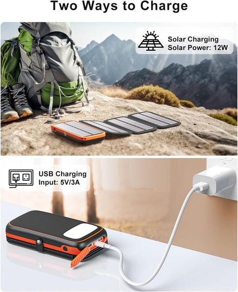 CONXWAN Solar Charger Power Bank, 27000mAh USB C Solar Phone Charger with 3 USB Outputs