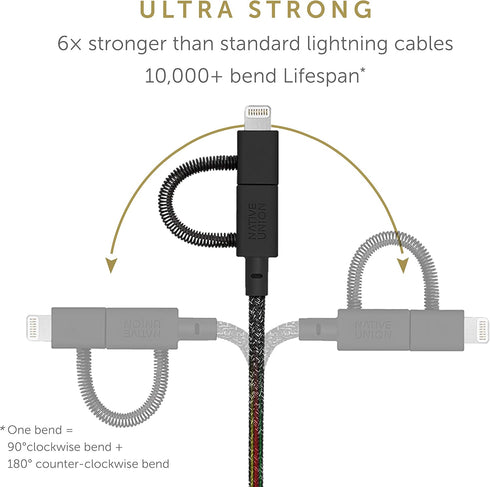 Native Union Belt Cable Universal 6.5ft, MFi Certified Durable Charging Cable with 3-in-1 Adaptor for Lightning, USB-C,