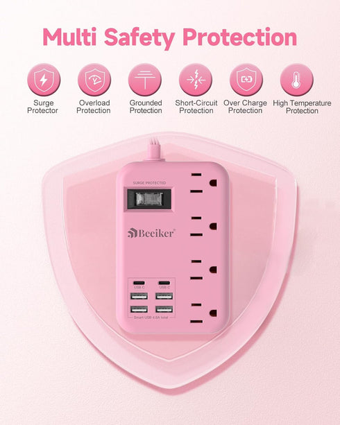 Beeiker 6 USB(2 5Ft 24W 4 USB C) Pink Extension Cord- Travel Power Strip with USB Charging Station and Outlets, Pink